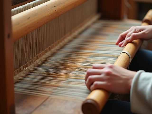 Skilled artisan working at a traditional wooden loom, carefully weaving silk threads into fabric, with focus on their hands and the intricate pattern forming