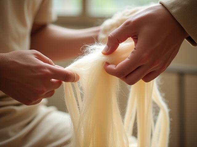 Close up of clean, unprocessed silk fibers being gently spun by hand, with a focus on their delicate texture