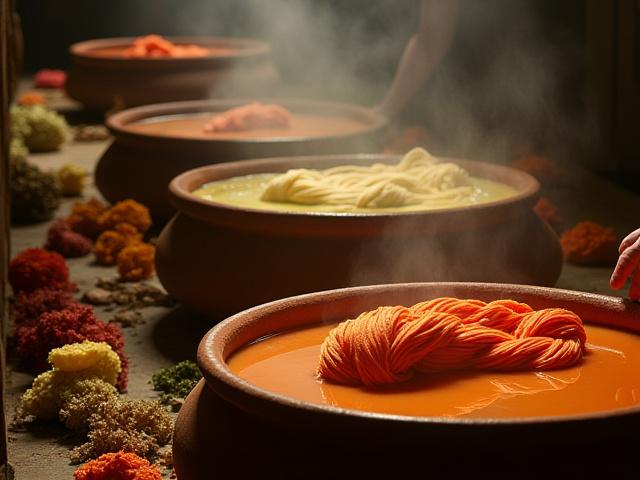 Large dyeing vats filled with natural plant-based dye solutions, with bundles of silk yarn gently submerged, surrounded by examples of plants like onion skins and avocado pits