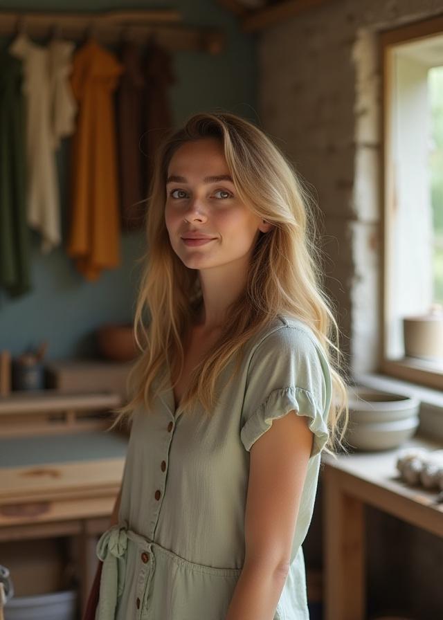 Portrait of a thoughtful silk artisan amidst natural dye vats and silk threads in a bright, clean workshop, representing the founder's vision.